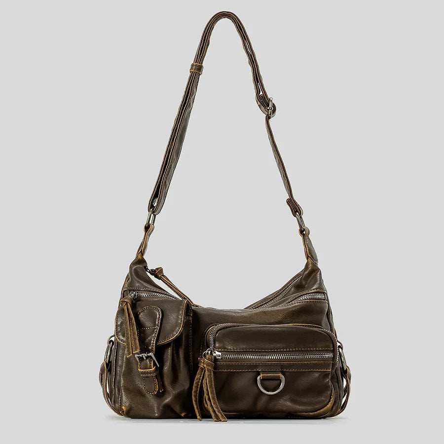 Vintage Multi-Pocket Women's Shoulder Bag – Luxury Washed PU Leather Crossbody | Retro Y2K Motorcycle Style 2024.310325.