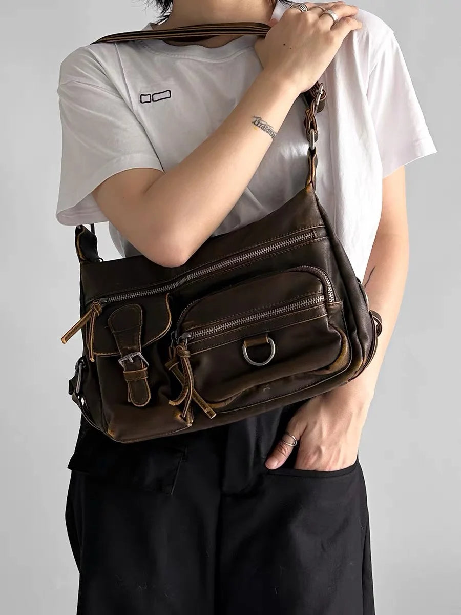 Vintage Multi-Pocket Women's Shoulder Bag – Luxury Washed PU Leather Crossbody | Retro Y2K Motorcycle Style 2024.310325.
