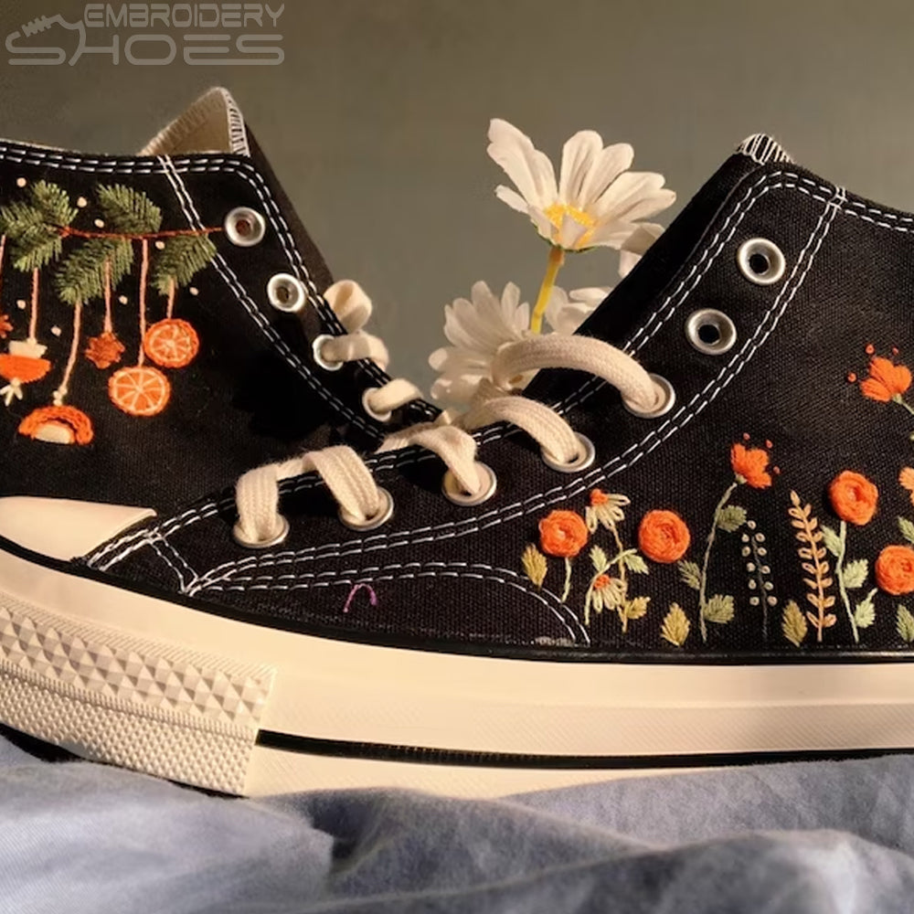 Embroidery Shoes Women's Canvas Shoes, Personalized Shoes, Embroidered Flowers Orange.