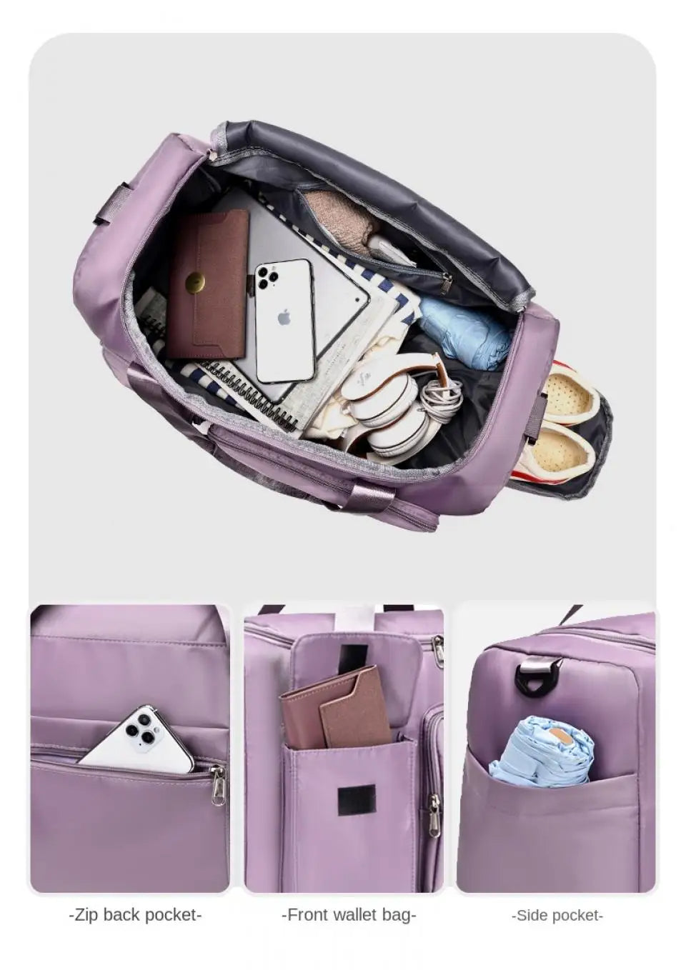 Elara Glow Carry-On Travel Bag – Large Capacity Weekender Duffle with Shoe Compartment for Women.210325