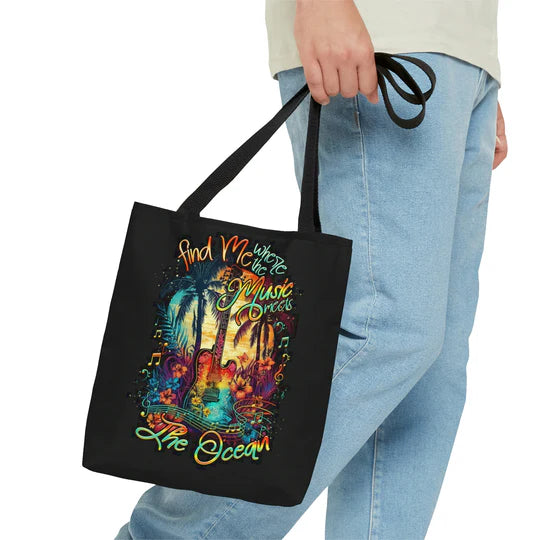 Durable Canvas Tote Bags - FIND ME WHERE THE MUSIC MEETS THE OCEAN GUITAR - Lightweight &, High-Capacity Options by EBDR 01220524