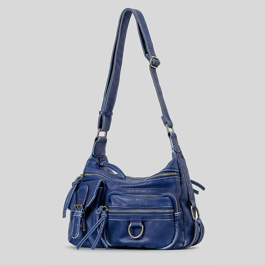 Vintage Multi-Pocket Women's Shoulder Bag – Luxury Washed PU Leather Crossbody | Retro Y2K Motorcycle Style 2024.310325.