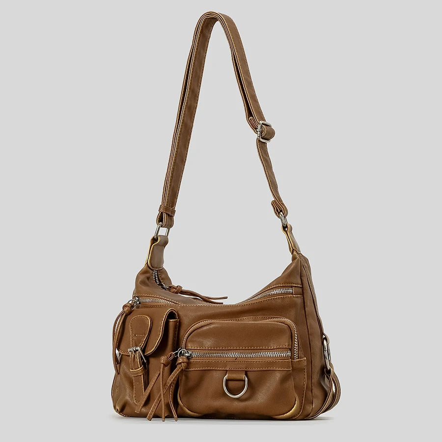 Vintage Multi-Pocket Women's Shoulder Bag – Luxury Washed PU Leather Crossbody | Retro Y2K Motorcycle Style 2024.310325.