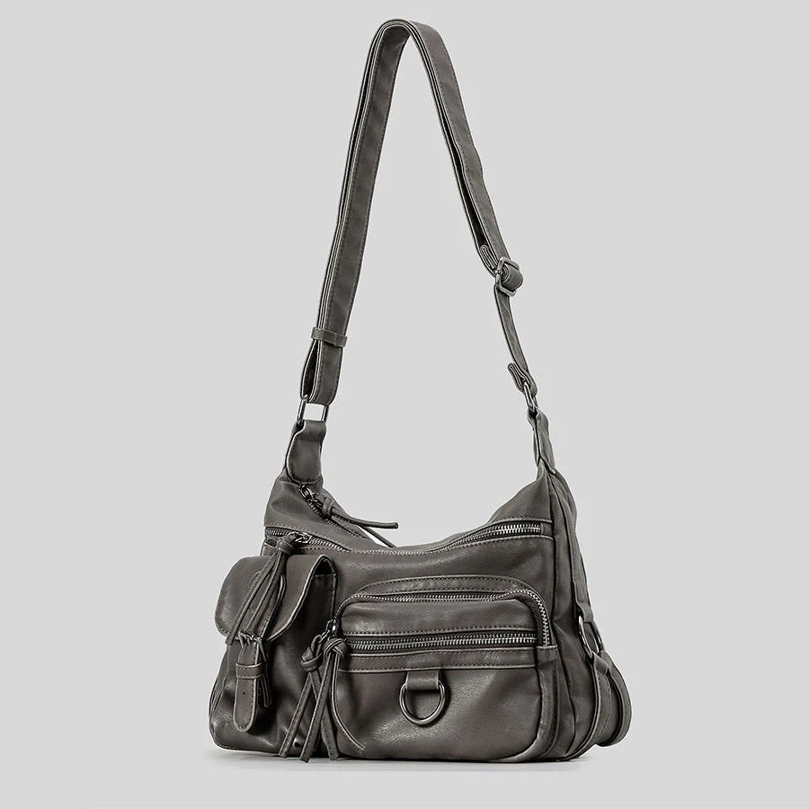Vintage Multi-Pocket Women's Shoulder Bag – Luxury Washed PU Leather Crossbody | Retro Y2K Motorcycle Style 2024.310325.
