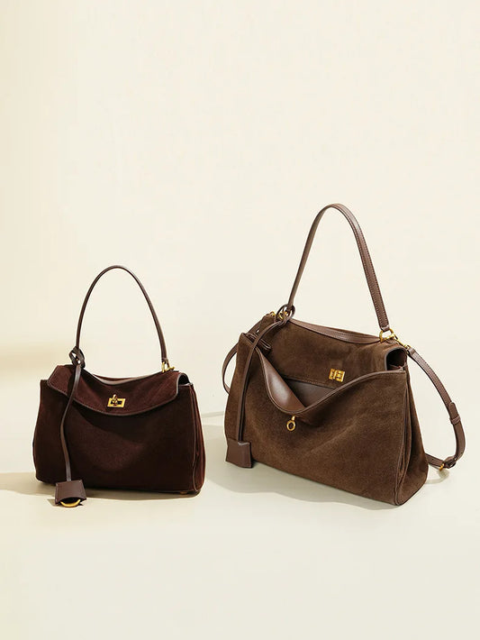 Elara Glow Suede Leather Tote Bag – Luxury Frosted Cowhide Shoulder Kelly Bag for Autumn & Winter.240325.