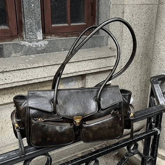 Vintage Underarm Bag for Women – Multi-Pocket Motorcycle Handbag | Luxury Designer Leather Shoulder Bag.010425.