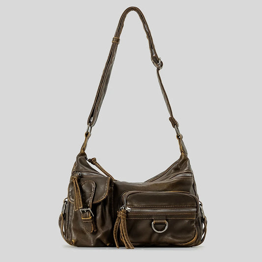 Vintage Multi-Pocket Women's Shoulder Bag – Luxury Washed PU Leather Crossbody | Retro Y2K Motorcycle Style 2024.310325.