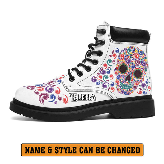 EShoes Personalized Short Boots, Sugar Skull Mexican White Boots, Custom Name Boots.
