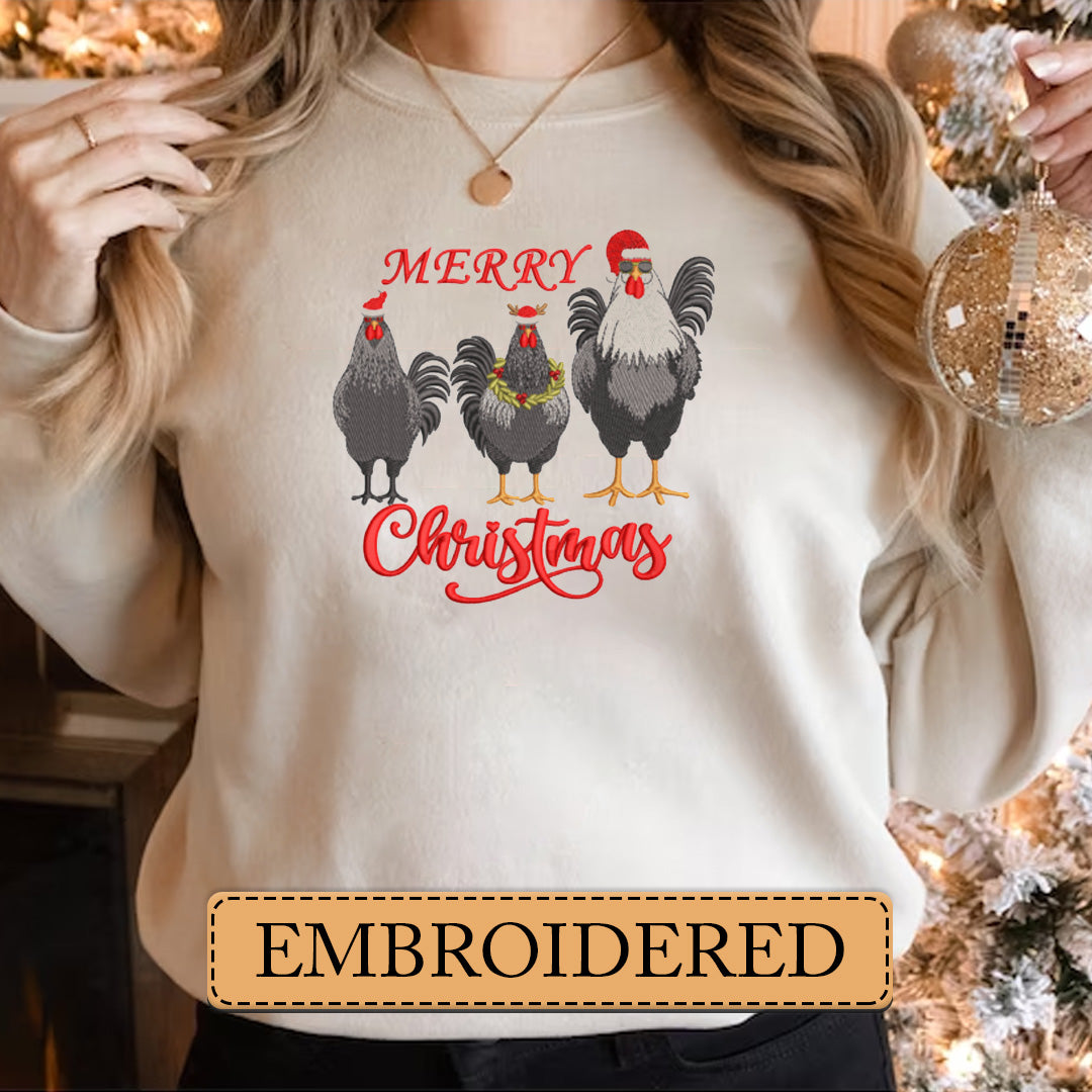 Embroidered Sweatshirt, Cluckin' Around the Christmas Tree: Festive Fowl Embroidered Sweatshirt, Hoodie, T-Shirt, Embroidered Clothing, Custom Embroidery, EBDHD01251123.