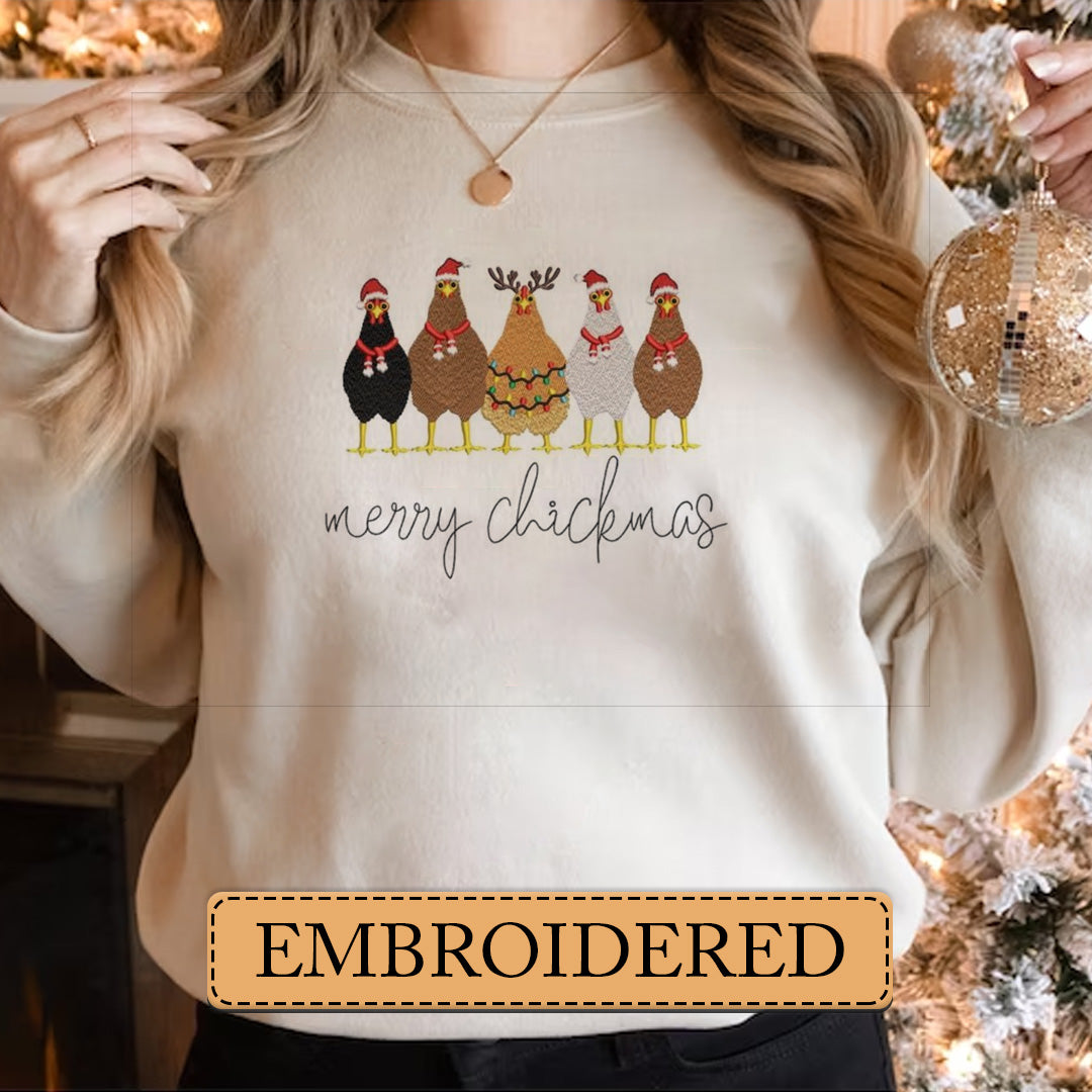 Embroidered Sweatshirt, Cluckin' Around the Christmas Tree: Festive Fowl Embroidered Sweatshirt, Hoodie, T-Shirt, Embroidered Clothing, Custom Embroidery, EBDHD01251123.