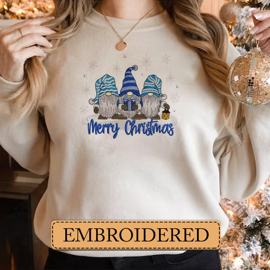 Embroidered Sweatshirt, Joyful Elf Trio Merry Christmas Embroidered Sweatshirt, Hoodie, T-Shirt, Embroidered Clothing, Custom Embroidery, EBDHD13251123.