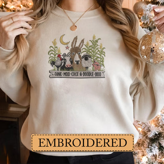 Embroidered Sweatshirt, Barnyard Symphony Oink Moo Cock a Doodle Doo Embroidered Sweatshirt, Hoodie, T-Shirt, Embroidered Clothing, Custom Embroidery, EBDHD11251123.