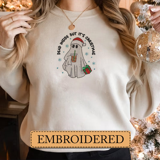 Embroidered Sweatshirt, Caffeine Spirits Dead Inside, but It's Christmas' Embroidered Sweatshirt, Hoodie, T-Shirt, Embroidered Clothing, Custom Embroidery, EBDHD08251123.