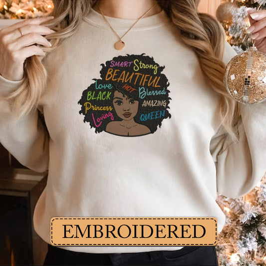 Embroidered Sweatshirt, Empowering Affirmations Embroidered on Curly Crown Sweatshirt, Hoodie, T-Shirt, Embroidered Clothing, Custom Embroidery, EBDHD06251123.