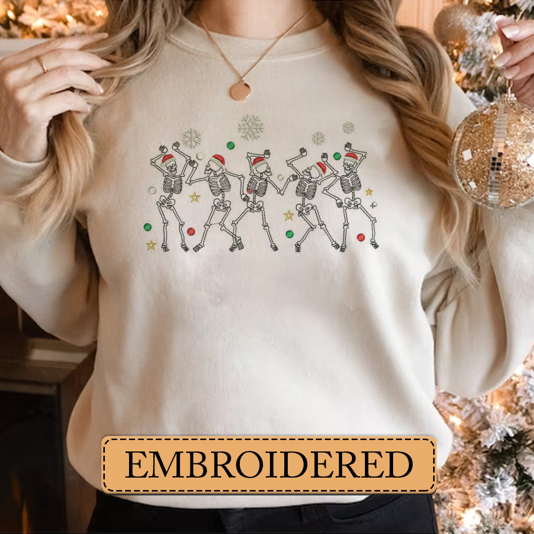 Embroidered Sweatshirt, Skeletal Celebration Tis' the Season to Be Jolly Embroidered Sweatshirt, Hoodie, T-Shirt, Embroidered Clothing, Custom Embroidery, EBDHD14251123.