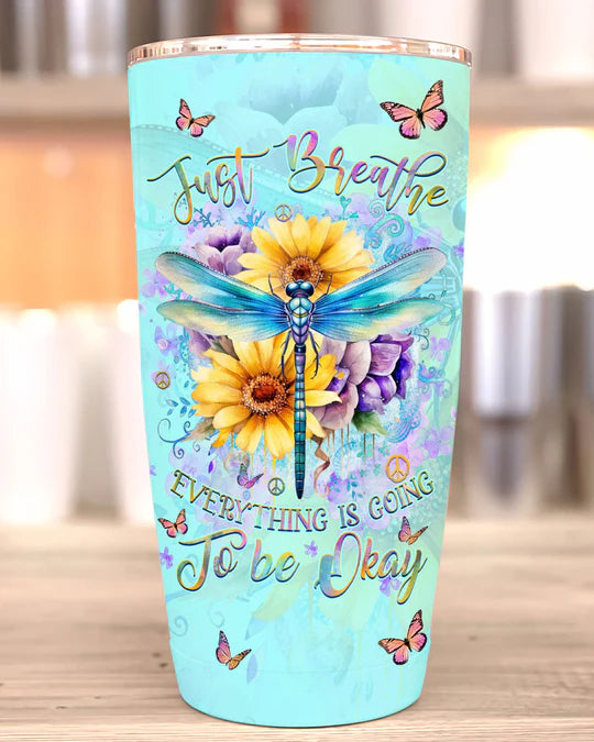 SHOESEMBROIDERED 20,30,40 Oz Stainless Tumbler - JUST BREATHE DRAGONFLY - Perfect for Every Occasion - EBDR01160524