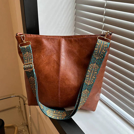 Vintage Wide Strap Bucket Bag – High-Capacity Solid Color Crossbody & Shoulder Sling Bag for Women.250325.