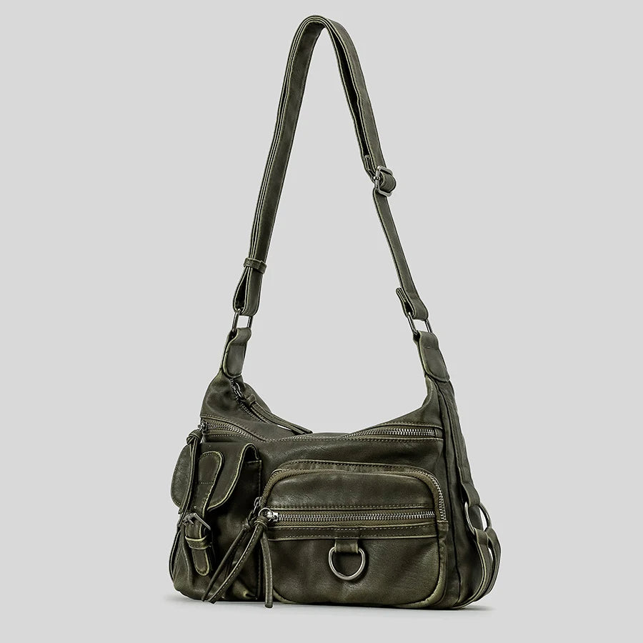 Vintage Multi-Pocket Women's Shoulder Bag – Luxury Washed PU Leather Crossbody | Retro Y2K Motorcycle Style 2024.310325.