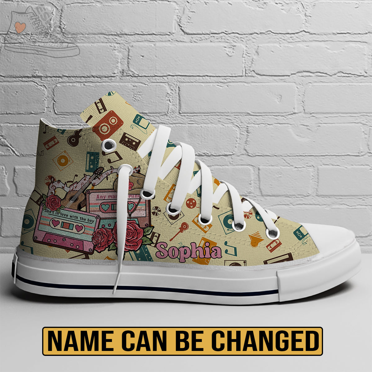 EShoes Personalized Women's Canvas Shoes, Cassette Tape Retro Cowboy Shoes, Custom Name Shoes.