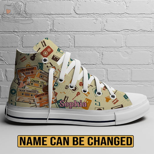 EShoes Personalized Women's Canvas Shoes, Cassette Tape Retro Flower, Custom Name Shoes.