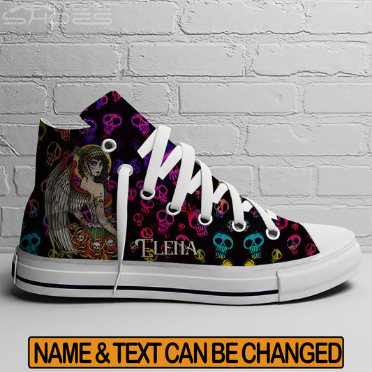 EShoes Personalized Women's Canvas Shoes, Skull Mexican Girl With Wing, Custom Name Shoes.