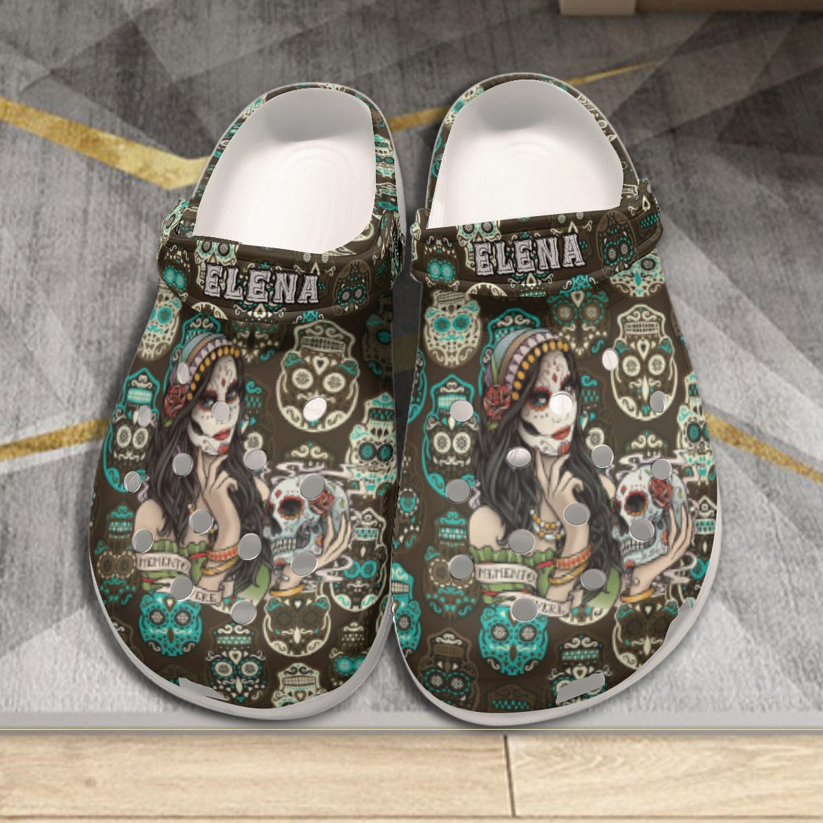 EShoes Personalized Clogs, Memento Vivere Women Tattoo Skull, Custom Name Clogs.